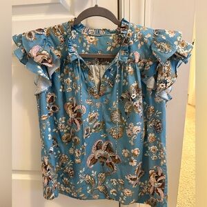 Elie Tahari Blue Floral Top with Ruffle Detail